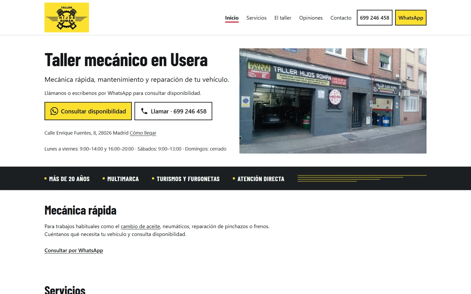Página de inicio de la web del taller en escritorio: titular «Taller mecánico en Usera», botones para consultar por WhatsApp o llamar, dirección, horario y una foto de la fachada del taller.