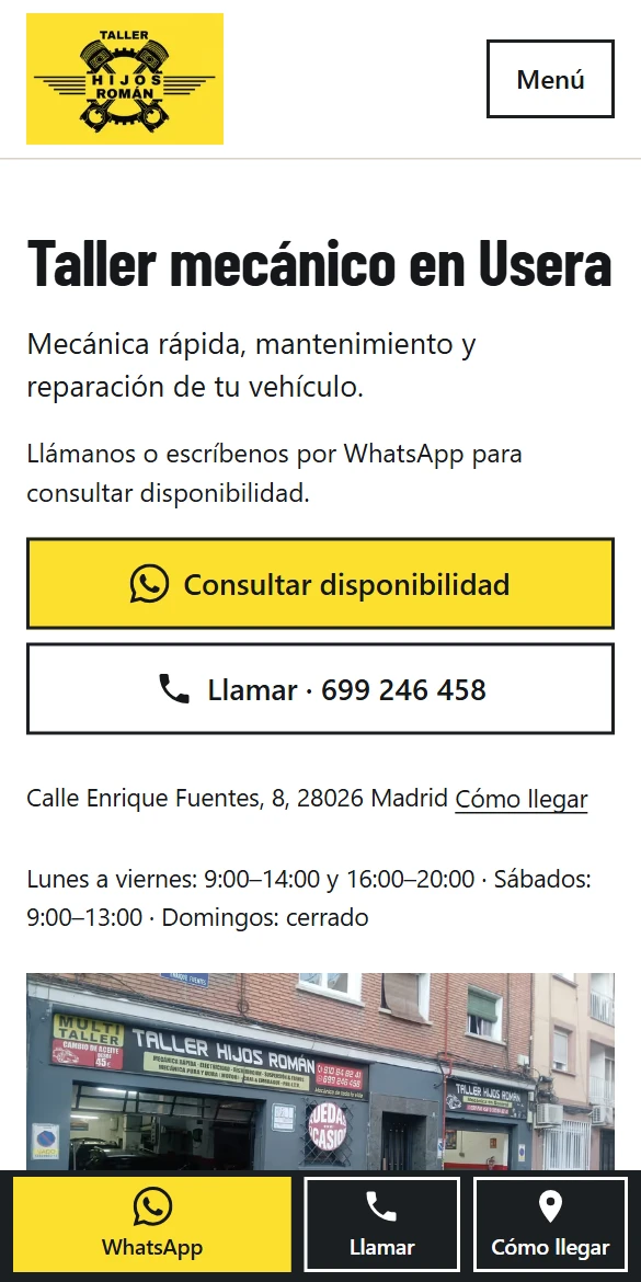 Página de inicio de la web del taller en móvil: titular, botones de WhatsApp y llamada, dirección y horario, y una barra inferior con accesos rápidos.